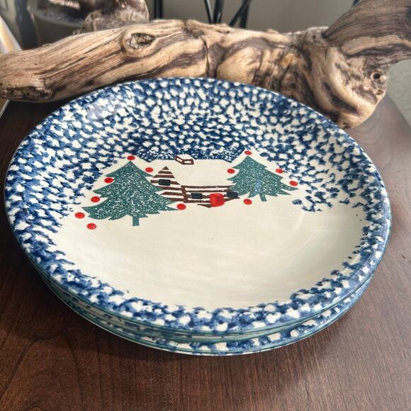 4 dinner Cabin In The Snow by TIENSHAN Christmas plates folk craft - Picture 1 of 8